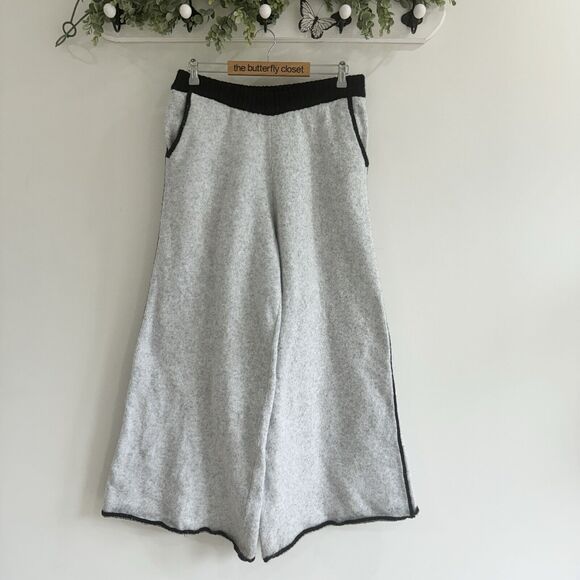 WeWoreWhat Piped Wide Leg Pull On Knit Pant in Heathered Grey & Black Large - Picture 1 of 5